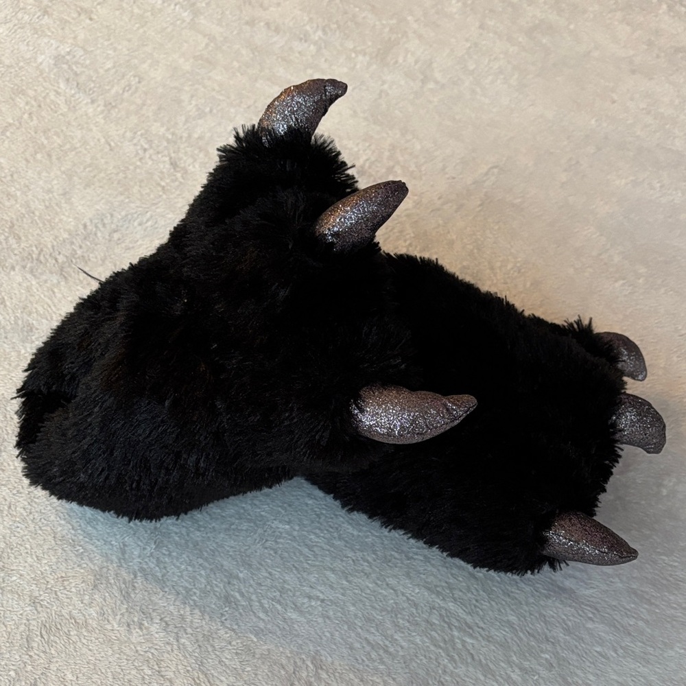 Black Plush Animal Slippers with Silver claws